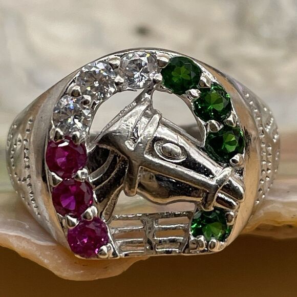 10k or 14k Solid Gold Pretty Horse Horseshoe Red White and  Horseshoe Ring Sterling Silver .925 Men’s Size 8 Red Ruby White Green Glass